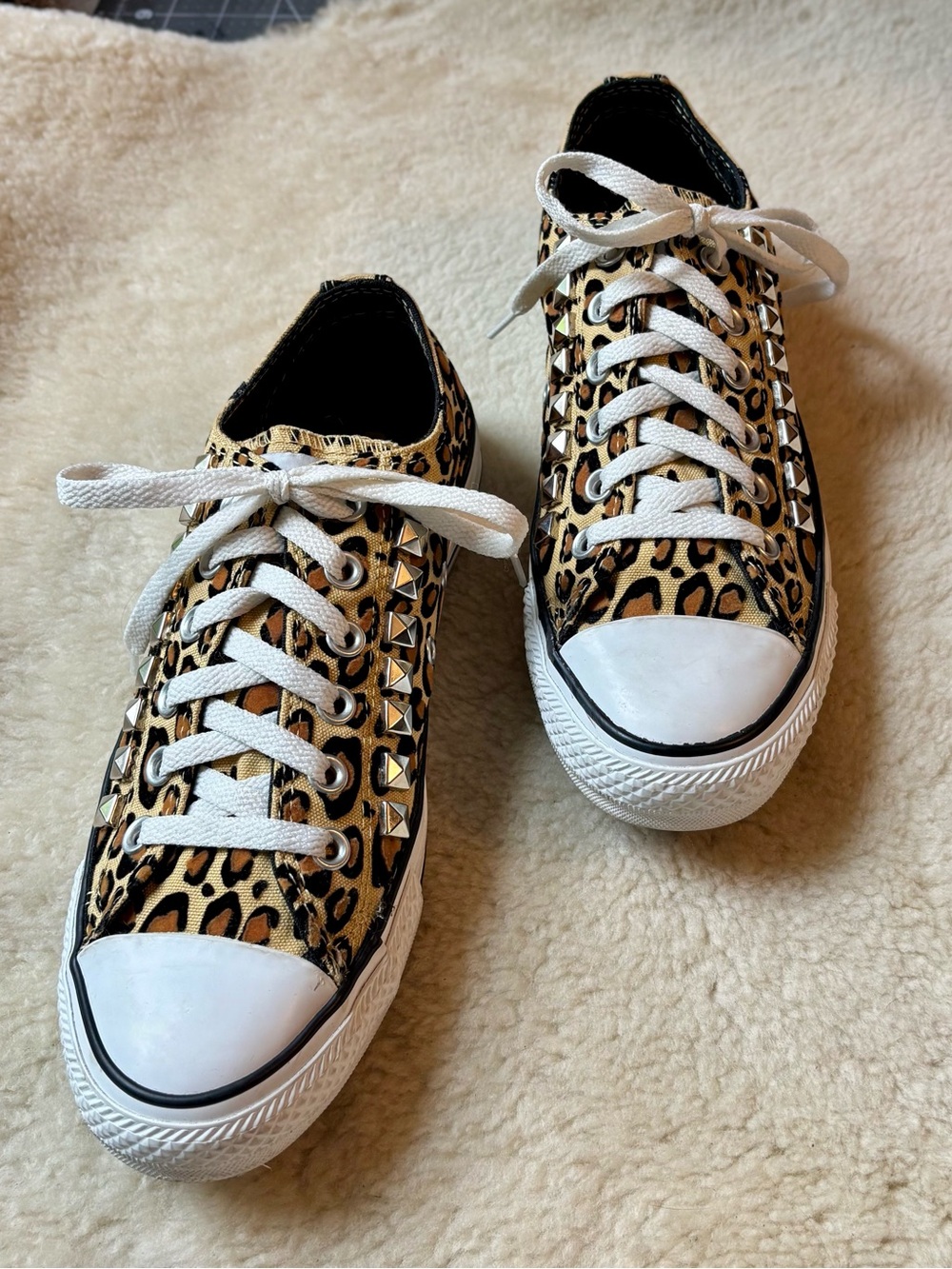 Converse Low-Top Leopard Print Sneakers with Silver Pyramid Studs - Picture 2 of 12